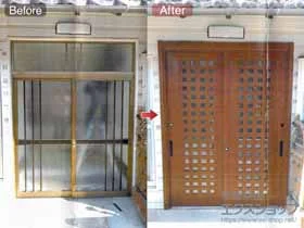 LIXIL リクシル(トステム)の玄関ドア リシェント玄関引戸 PG仕様 2枚建戸 ランマ無 14型（井桁格子） 施工例