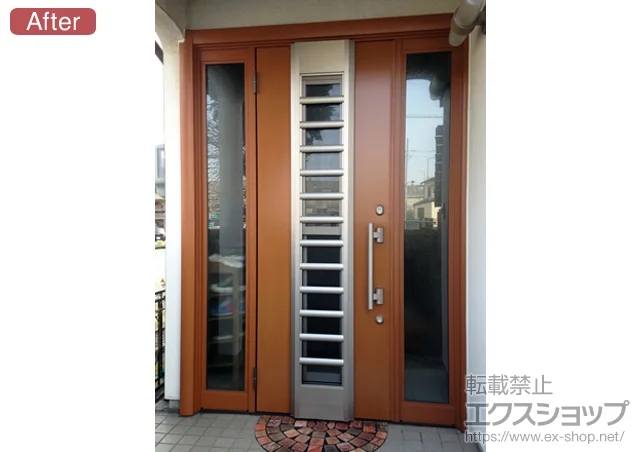 愛知県都城市のLIXIL リクシル（トステム）の玄関ドア リシェントK4仕様 22両袖L 001型 木目調 施工例